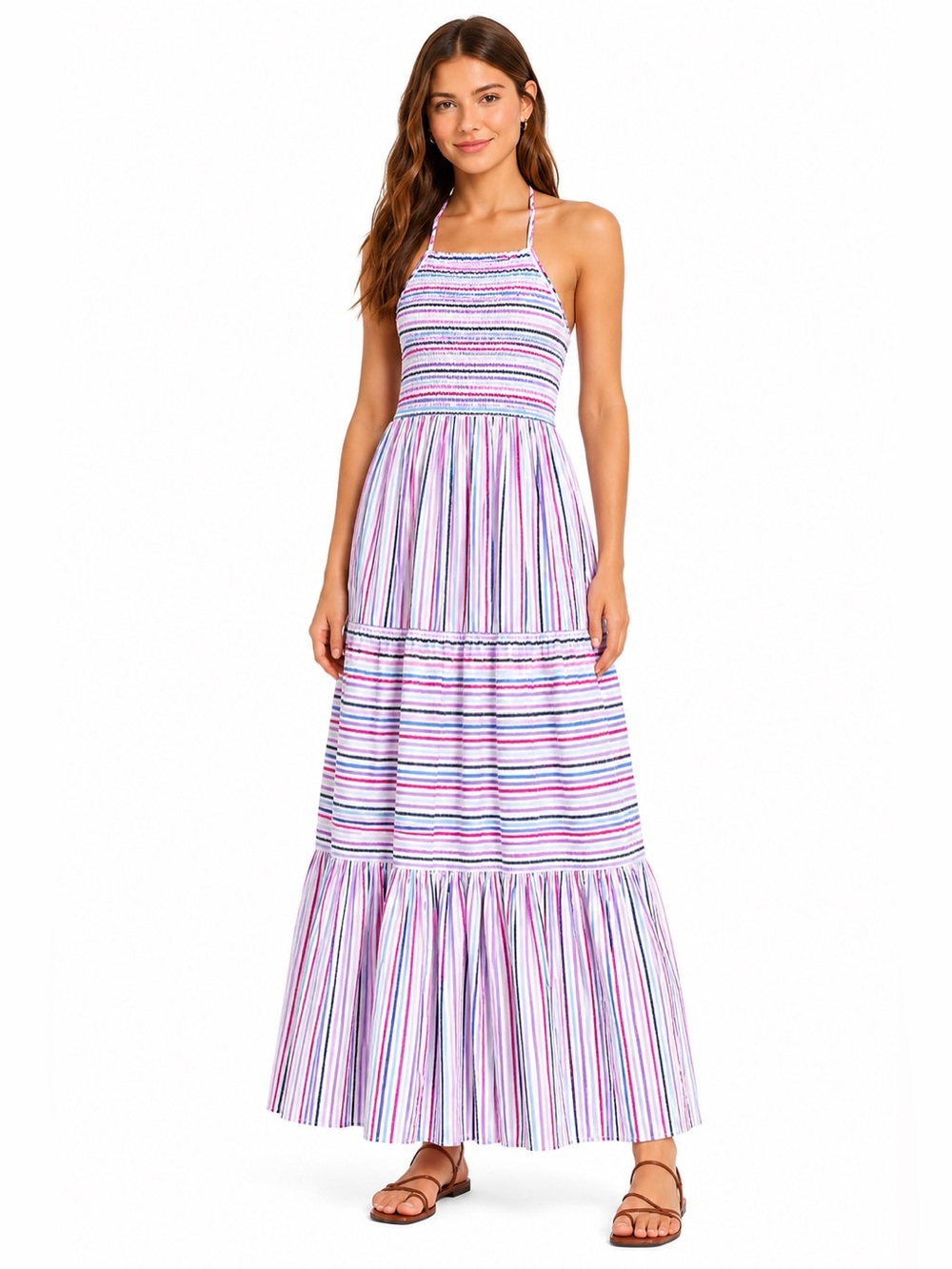 Zara Striped Halter Maxi Dress Backless Tiered Boho Coastal Beach Small Pink Red